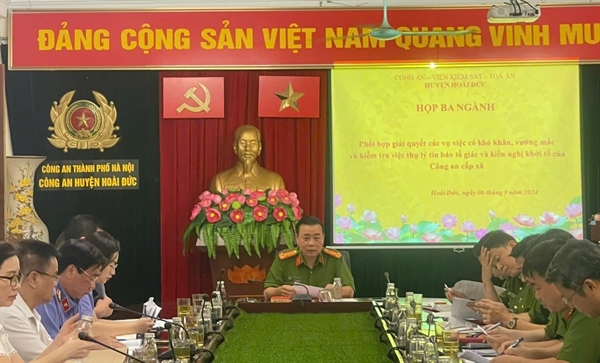 Công an - Viện kiểm sát - Tòa án nhân dân huyện Hoài Đức họp phối hợp giải quyết các vụ việc có khó khăn, vướng mắc và kiểm tra thụ lý tin báo tố giác và kiến nghị khởi tố tại Công an xã